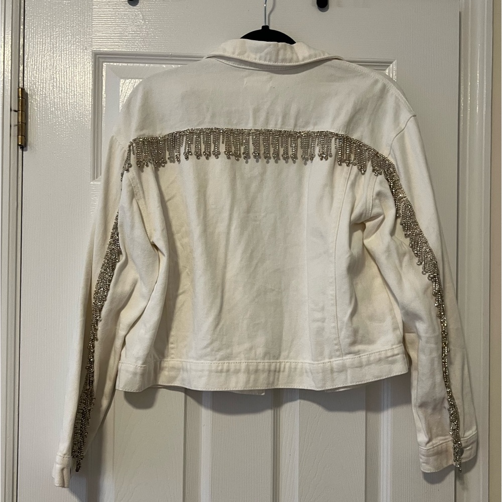 Superdown White Denim Sparkle Fringe Jacket